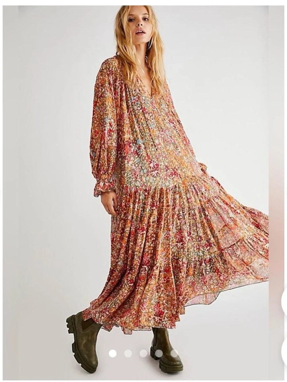 Boho Free People Floral Long Sleeve Midi Dress - Rust Multi - Picture 1 of 8